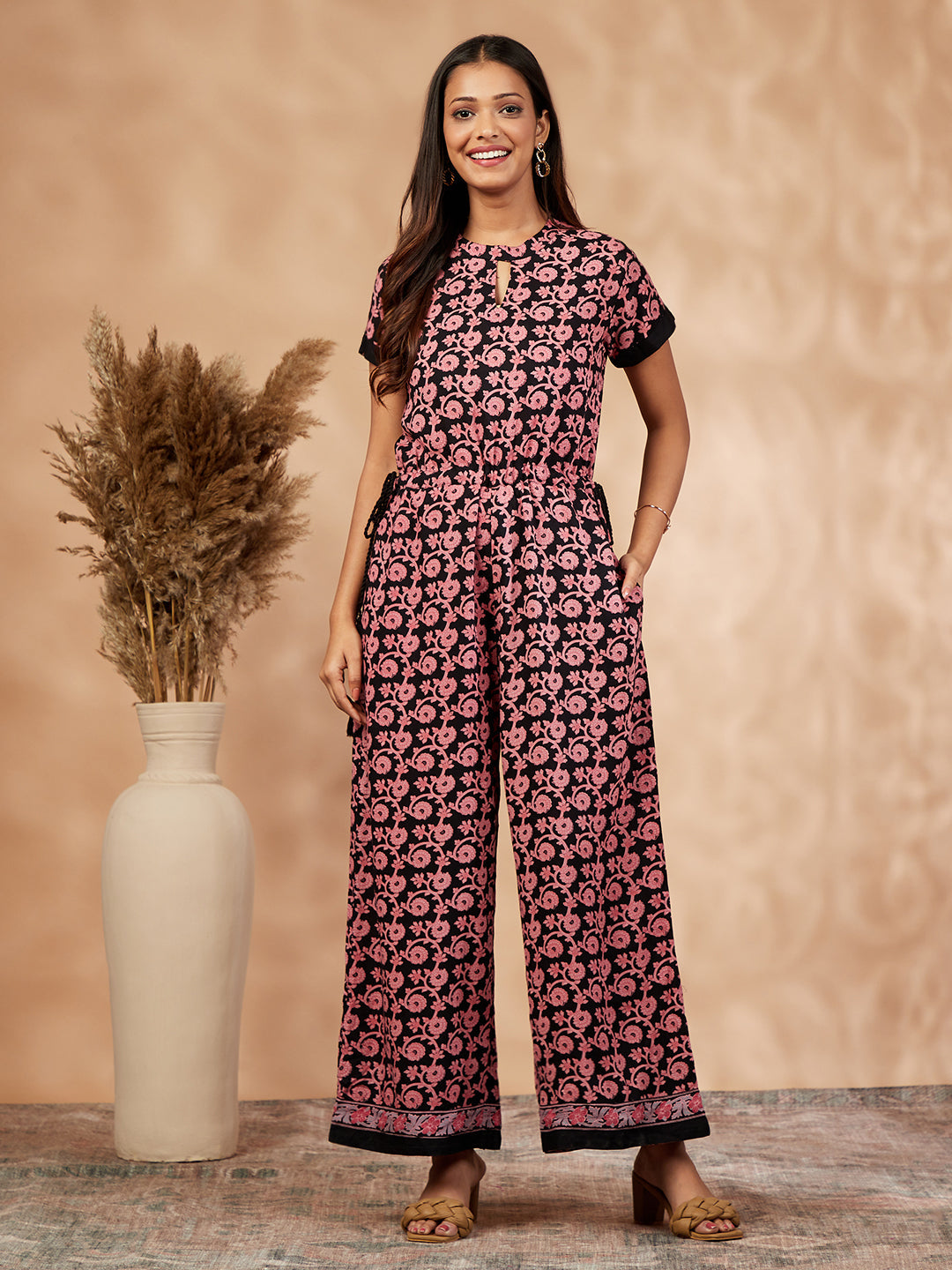 Black Floral Print  Flared Jumpsuit