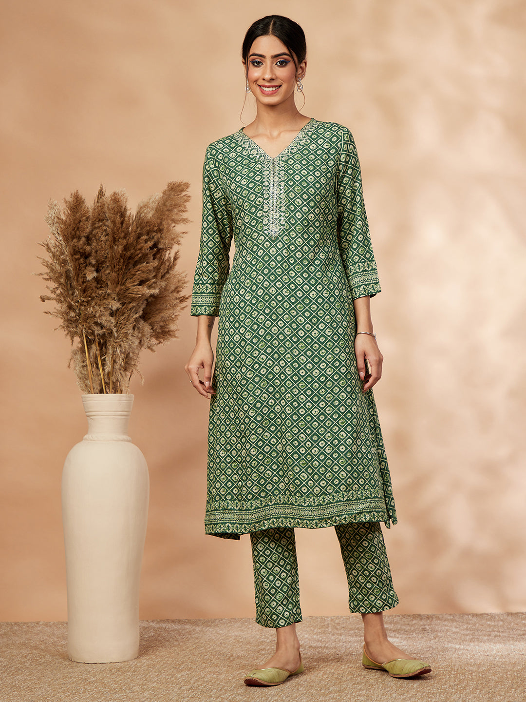 Printed Green A-Line Kurta set