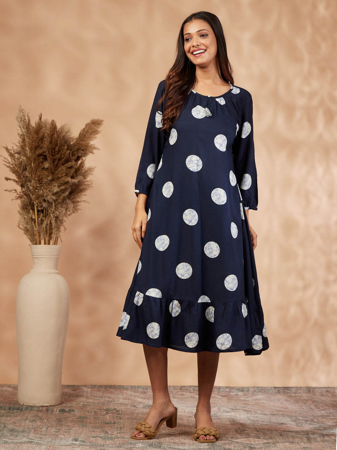 Print Navy Blue Gathered Dress