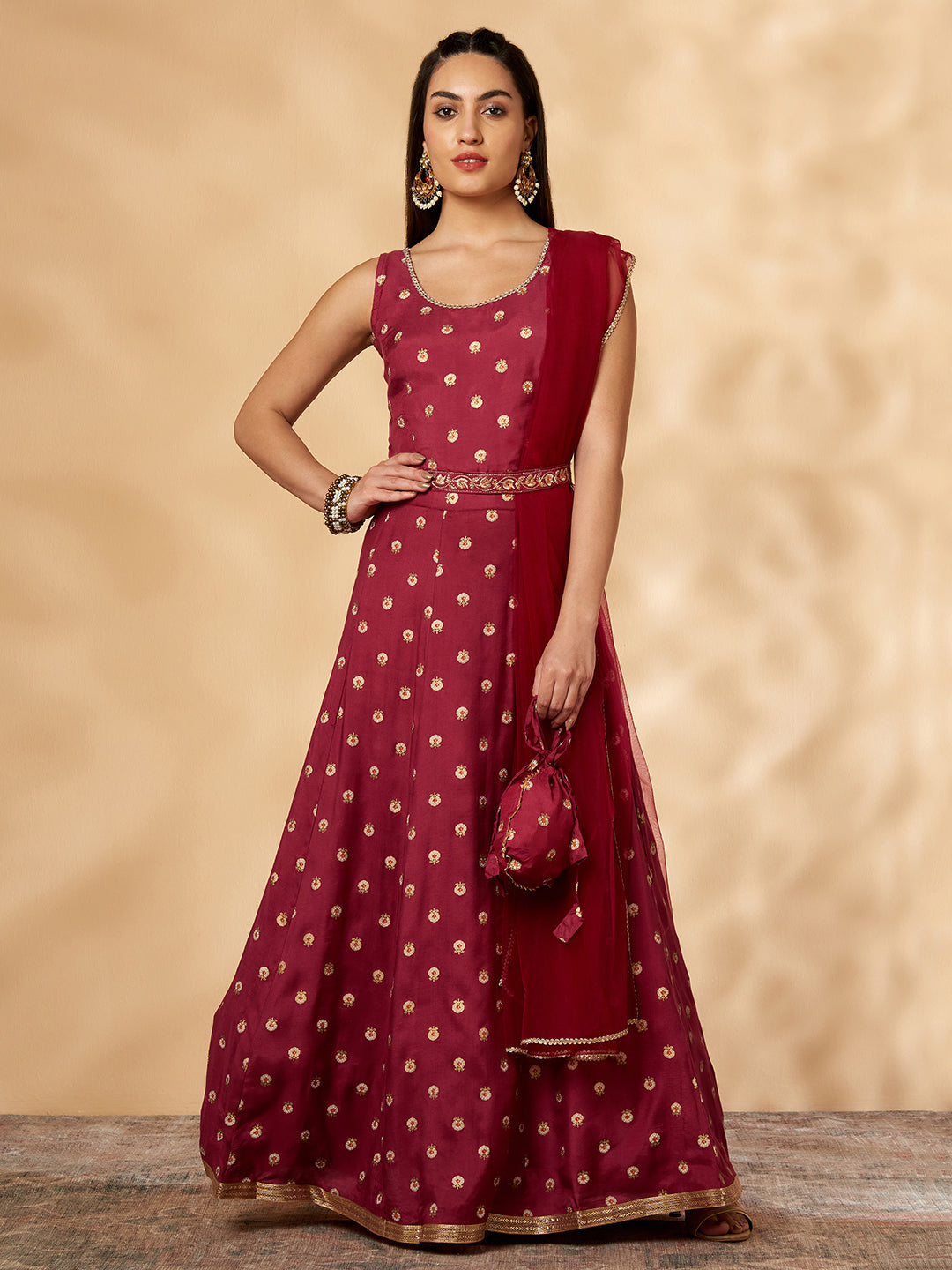 Wine Printed Belt Anarkali Lehenga Set