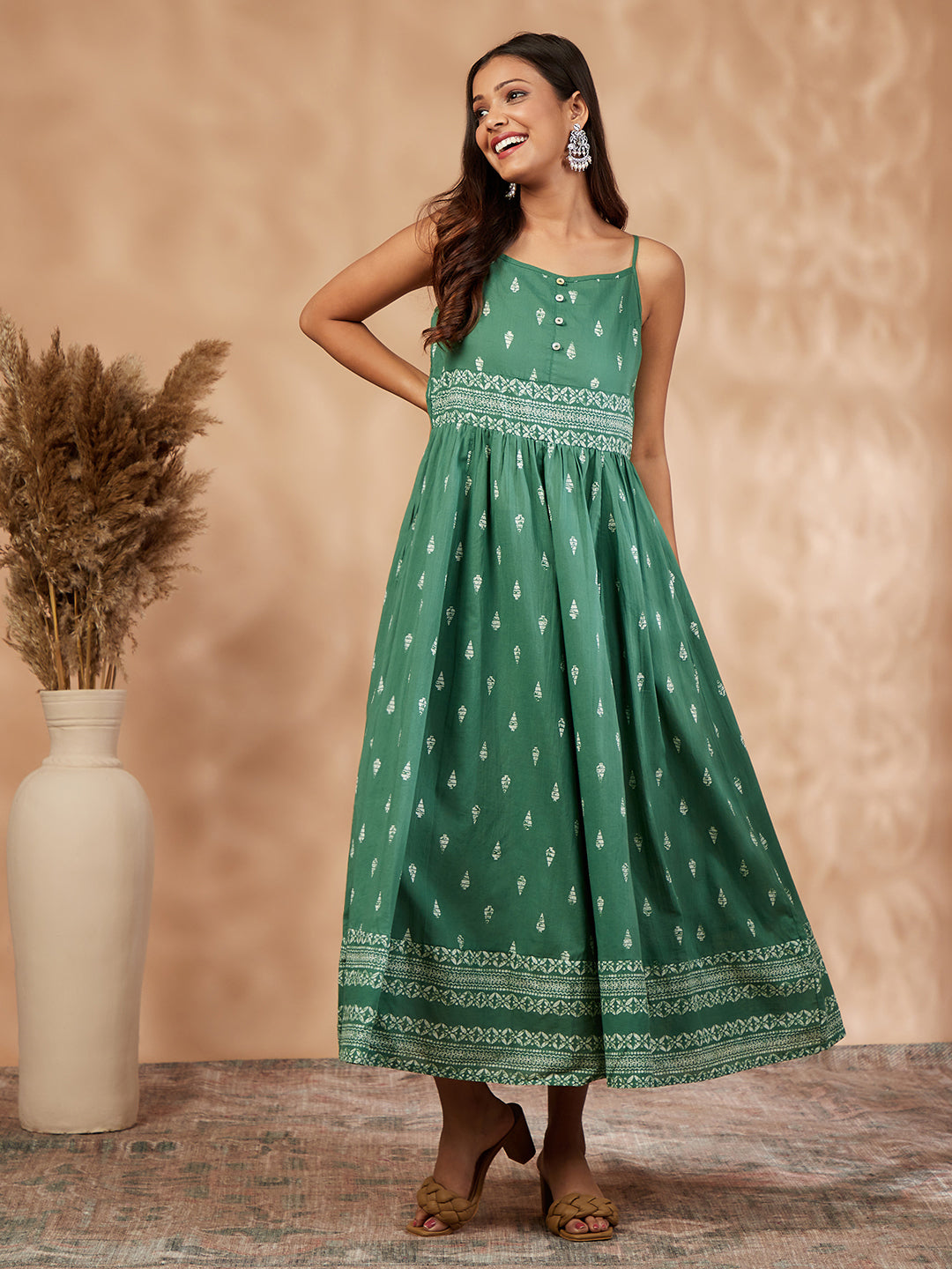 Print Green Sleeveless Gathered Dress