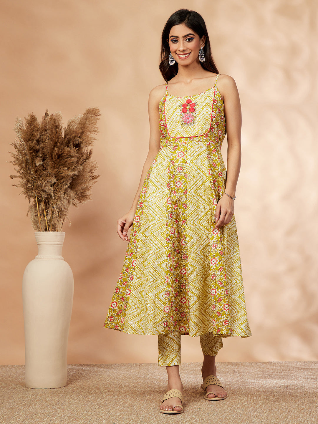 Printed Lime Green Anarkali Kurta Set