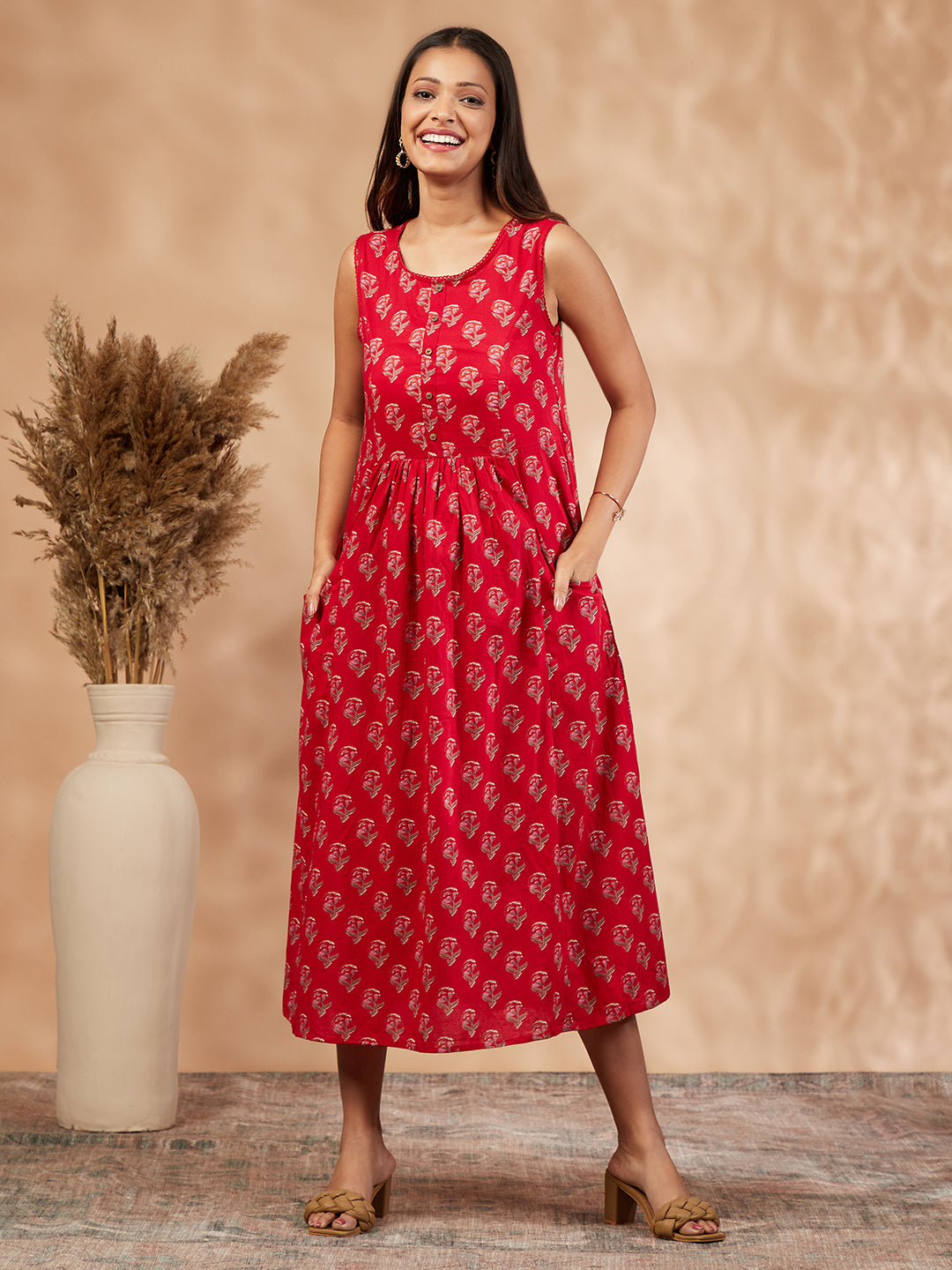 Red Print Gathered Dress