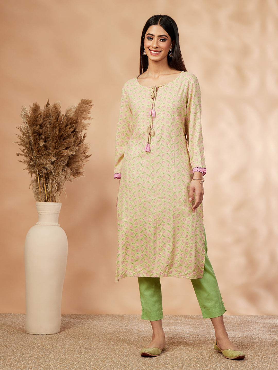 Beige Print Straight Kurta