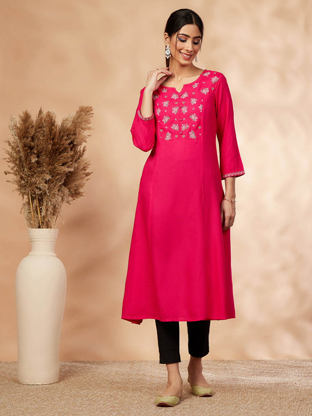 Floral Fuchsia Embellished A-Line Kurta