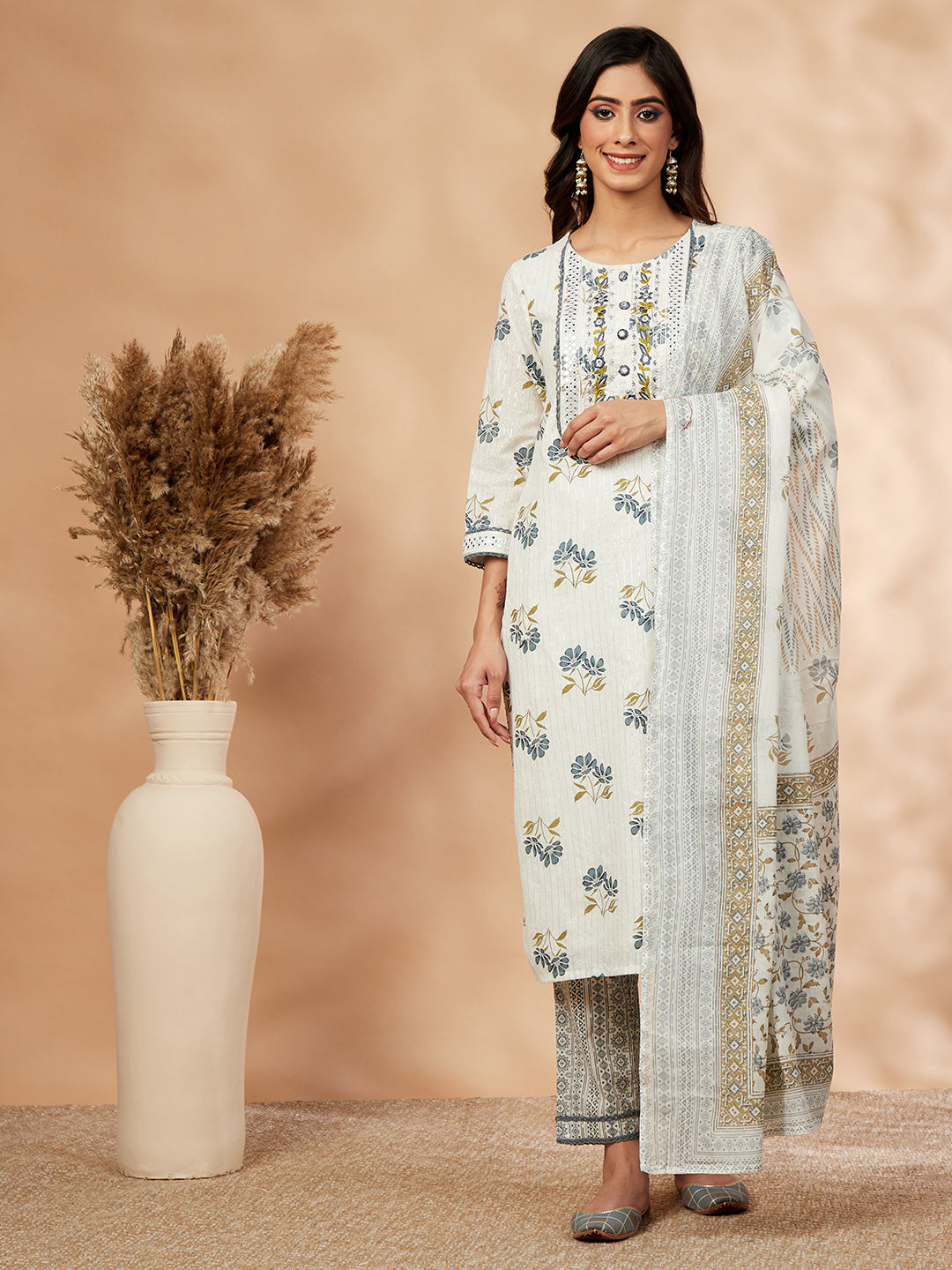 Blue Cotton Printed Straight Kurta Set