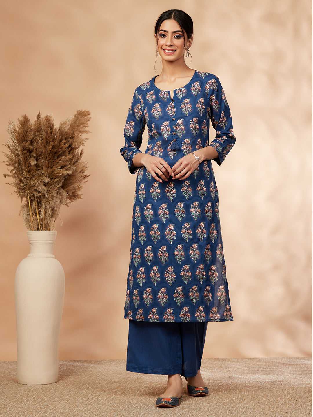 Navy Blue Printed Cotton Kurta Set