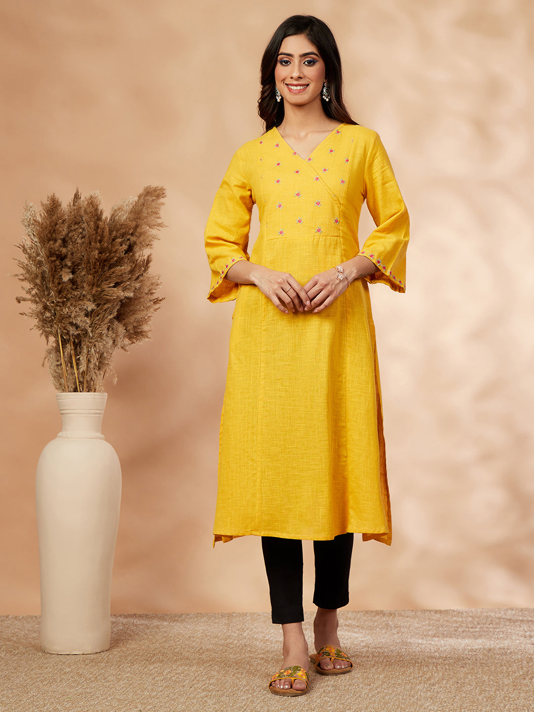 Mustard Floral Embellished A-Line Kurta