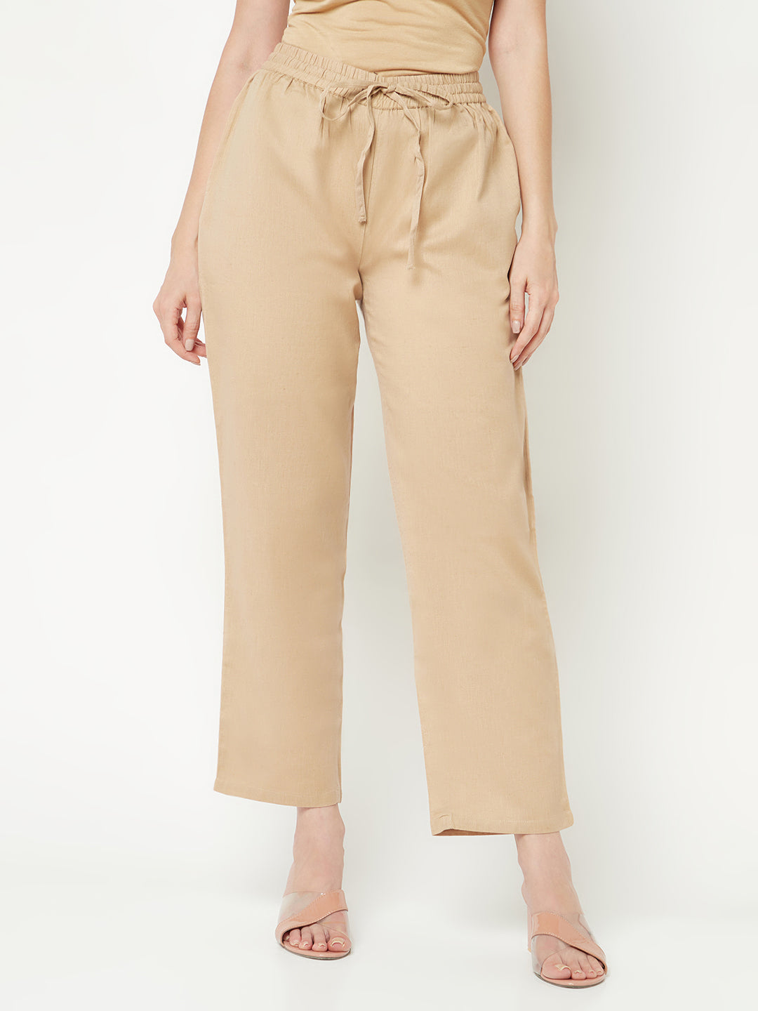 Beige Solid Straight Pants