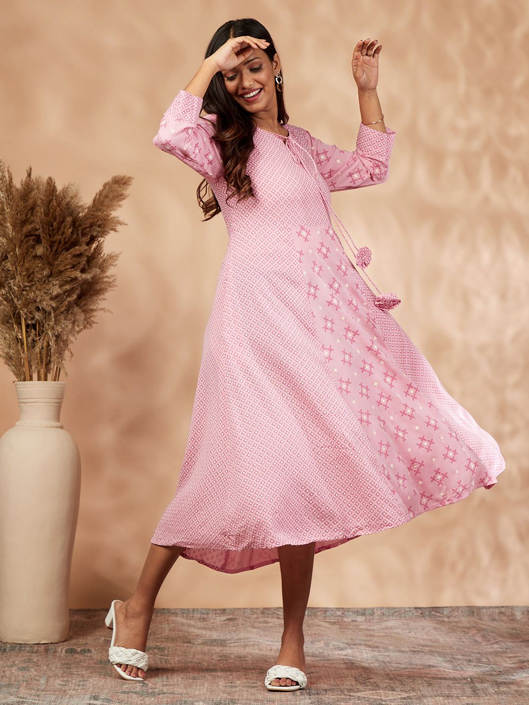 Pink Print Flared Dress