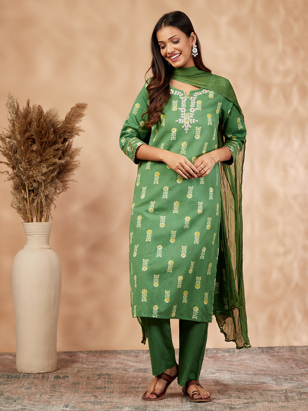 Green Printed Kurta Set