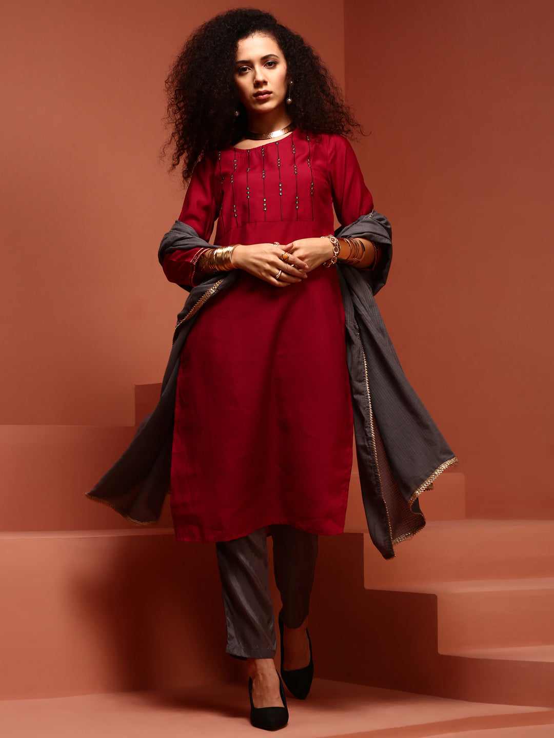 Radiant Red Embroidered Cotton Blend Kurta Set