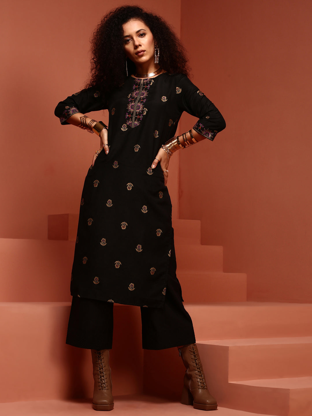 Black Brocade Straight Kurta