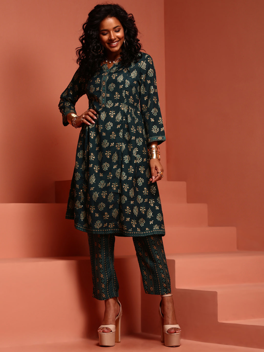 Teal Printed Muslin A-line Kurta Set