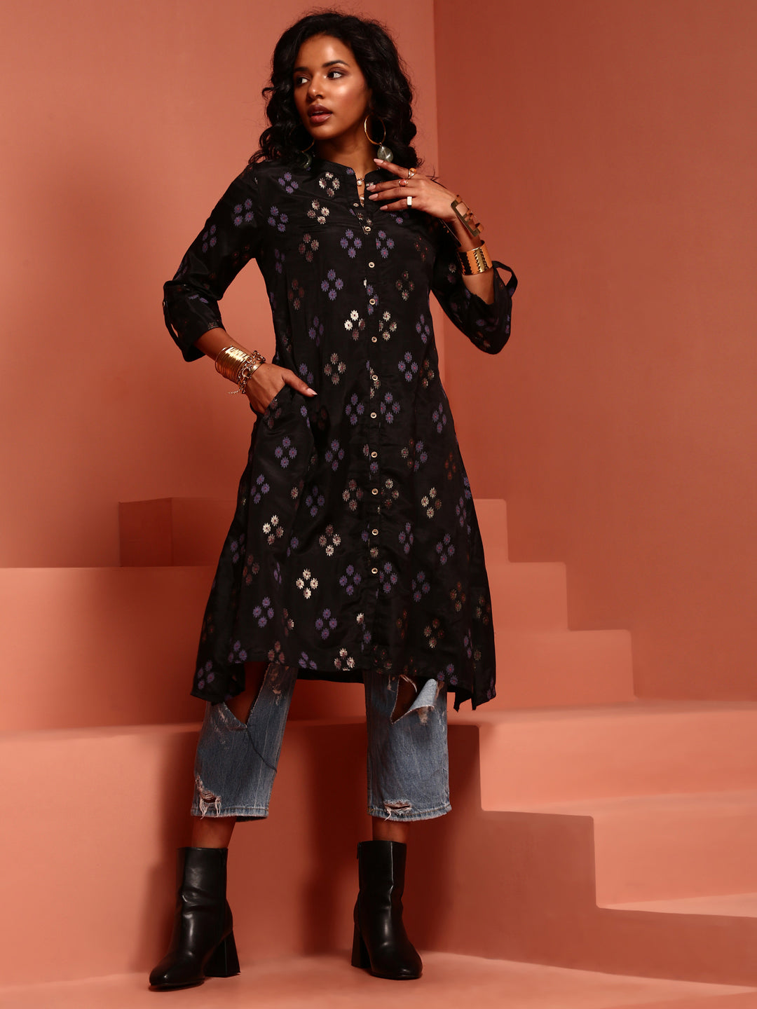 Black Straight Printed Kurta