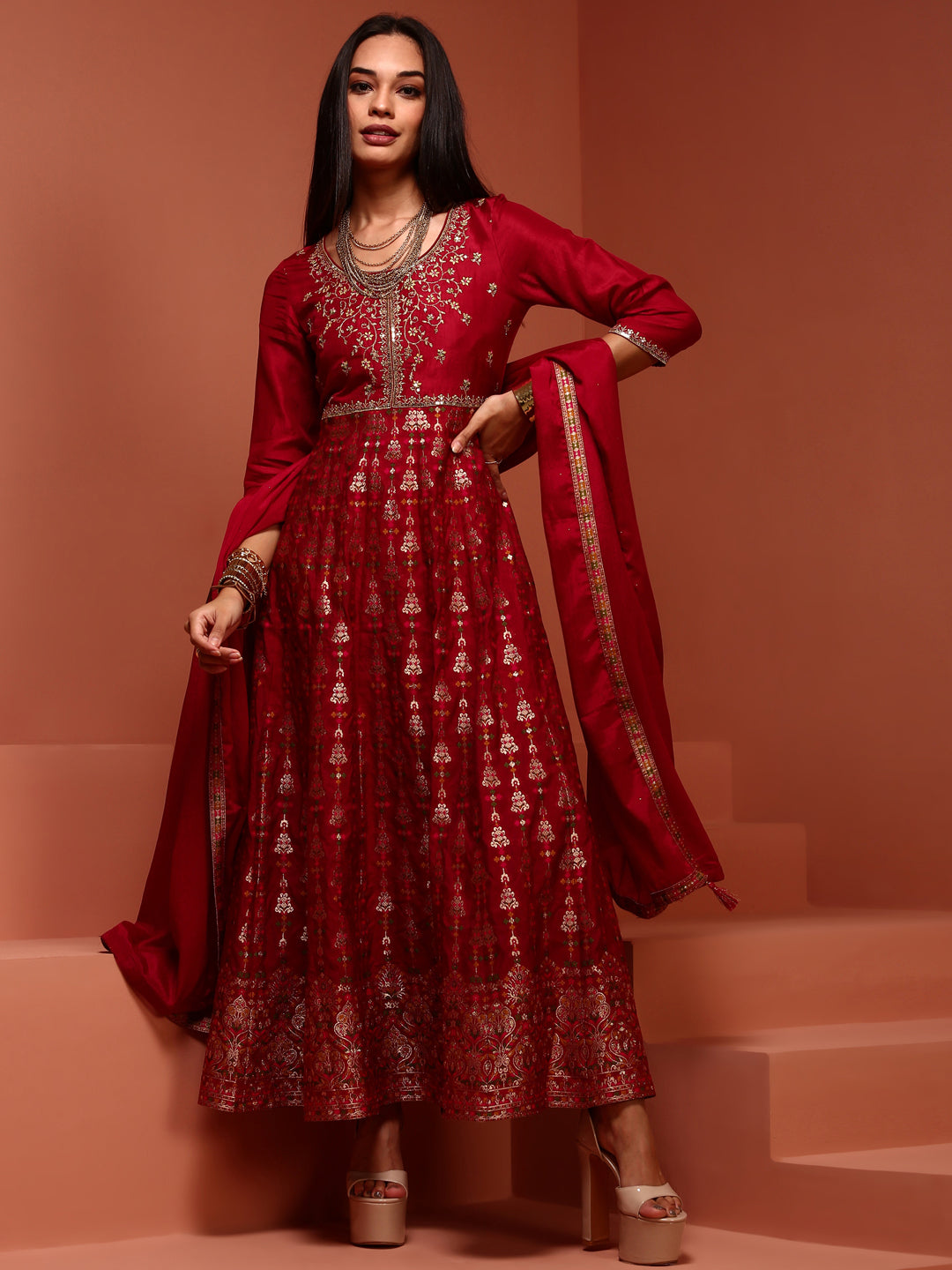 Red Kalidar Brocade Kurta Set