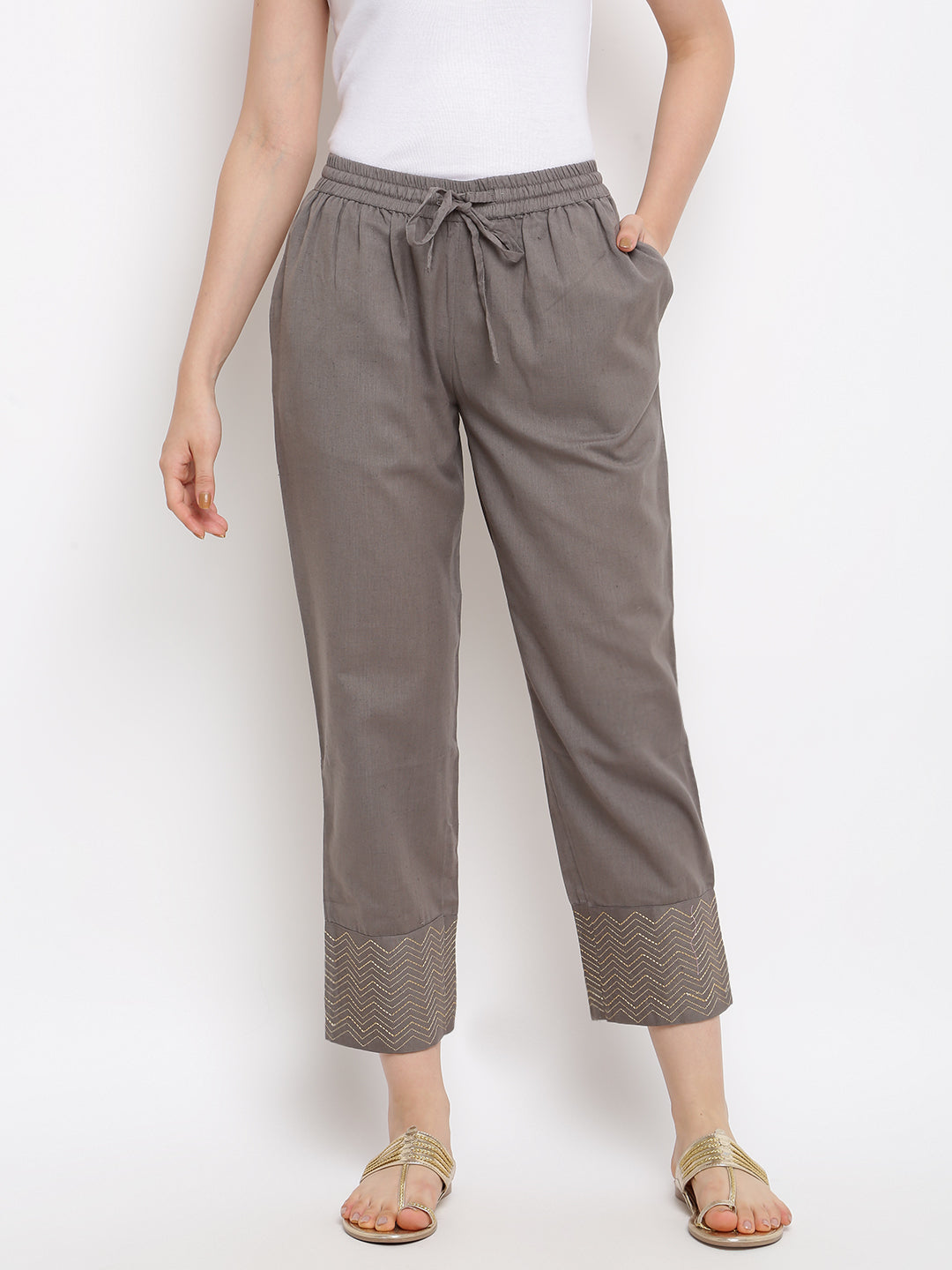 Solid Grey Elasticated Waist Ethnic Straight Pant