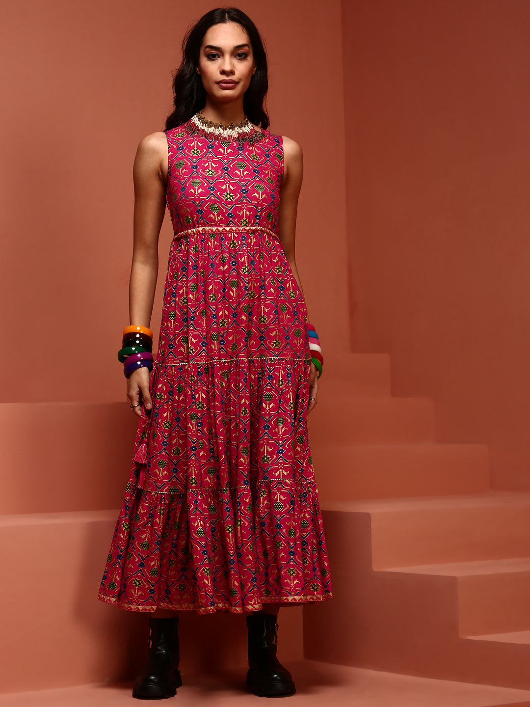 Fuchsia Printed Sleeveless Tiered Dress