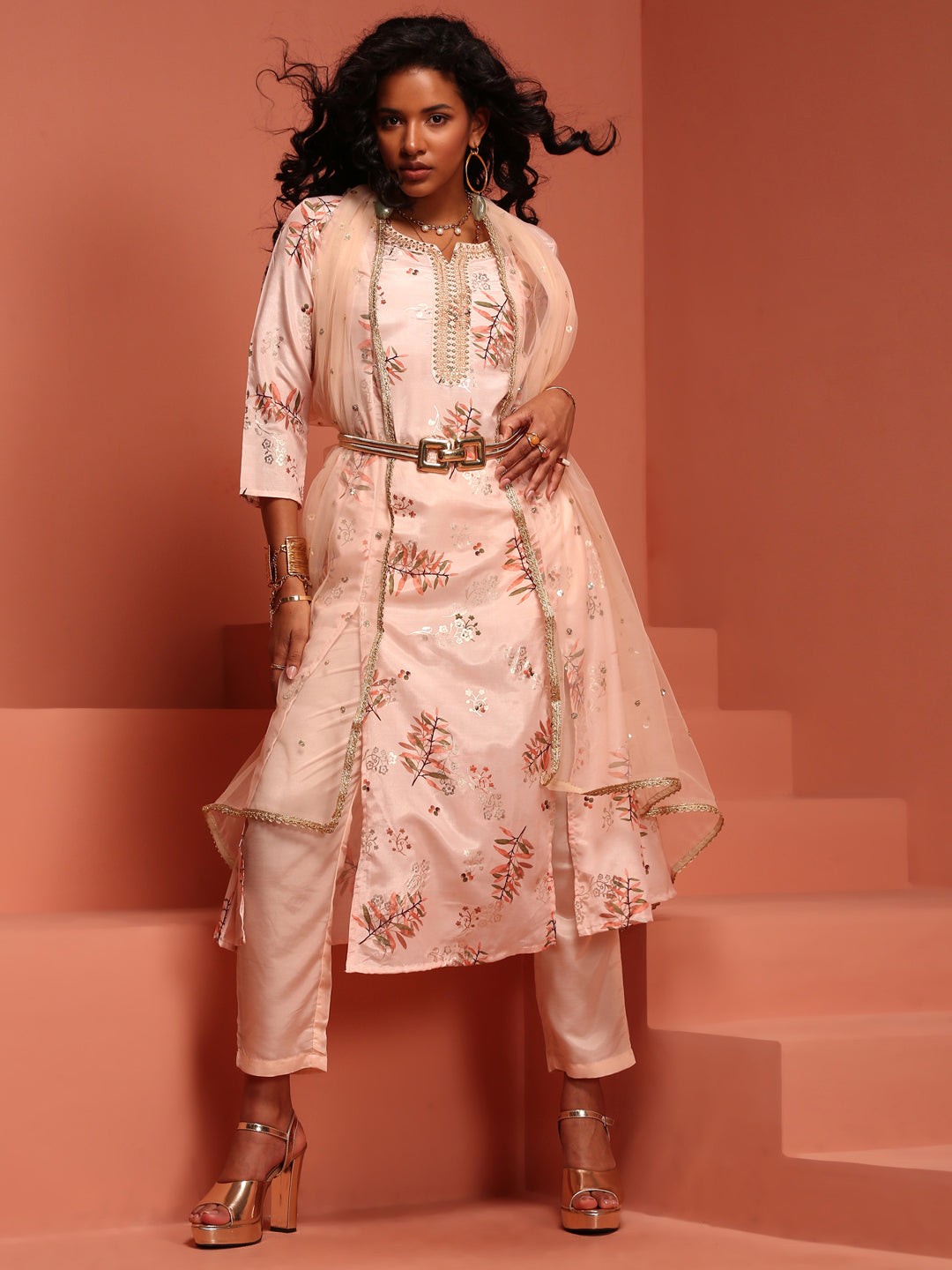 Peach Printed A-Line Kurta Set