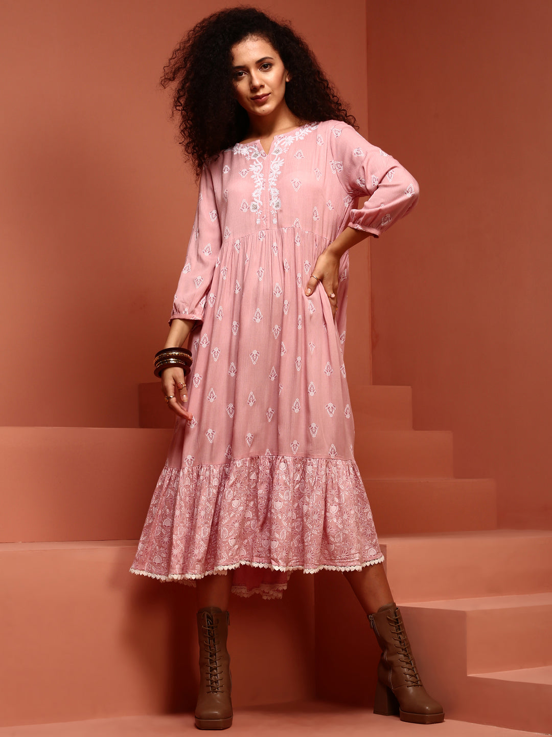 Light Pink A-line Chikankari Dress