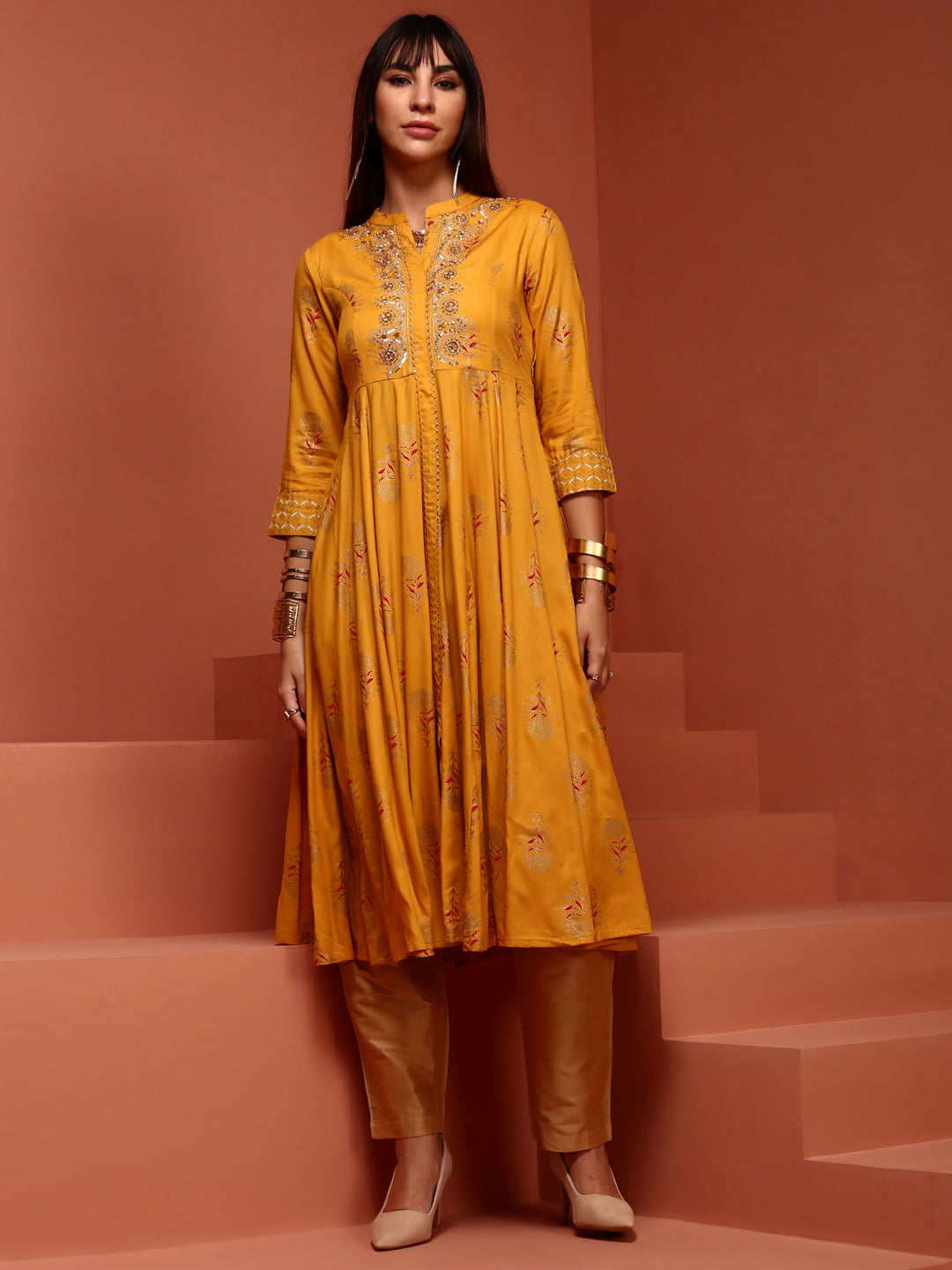 Yellow Printed Rayon Kurta