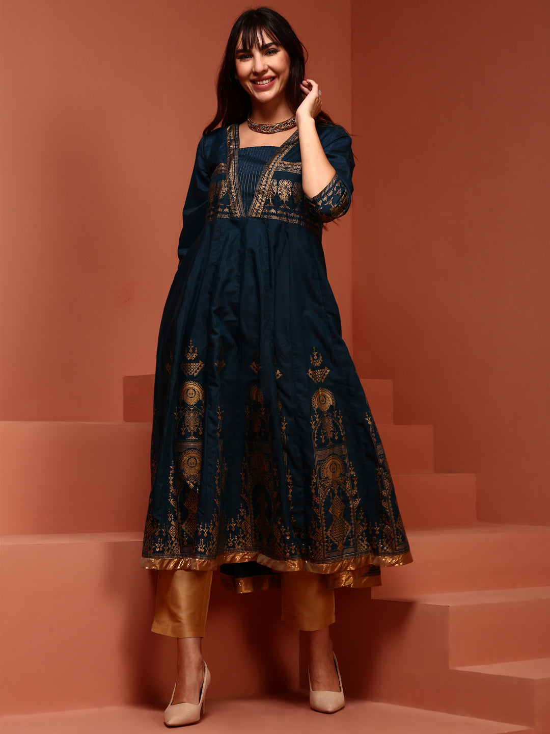 Teal Printed Shantoon Kalidar Kurta