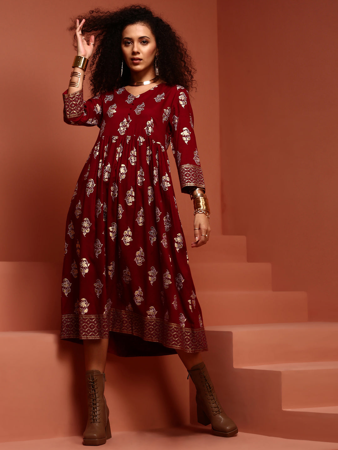 Maroon Gathered Printed Kurta