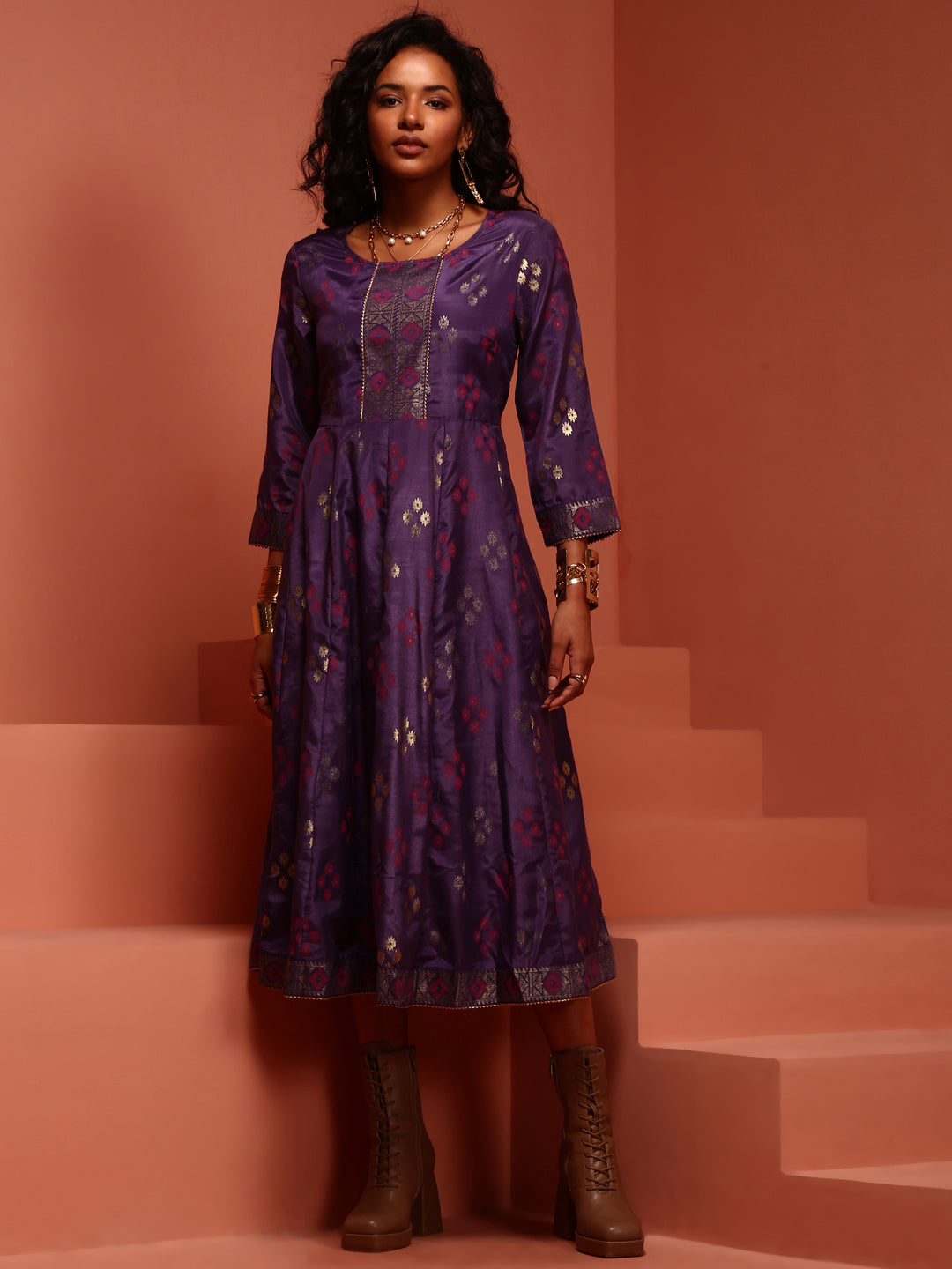 Violet Printed Shantoon Kalidar Kurta