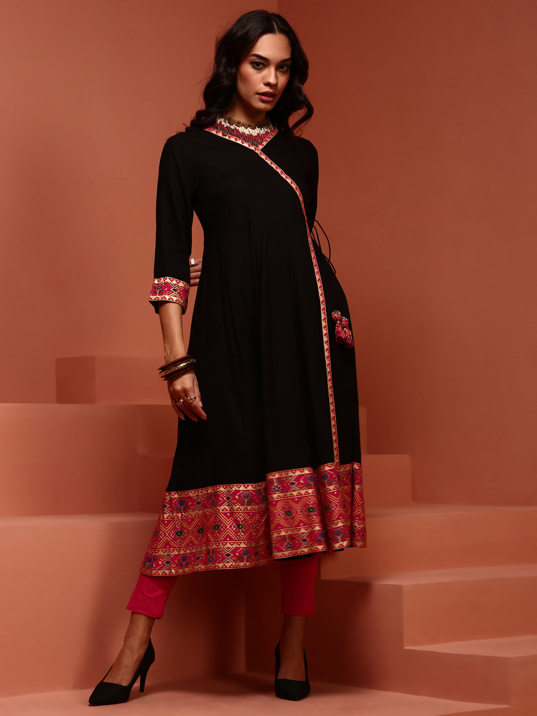 Solid Black A-line Kalidar Kurta