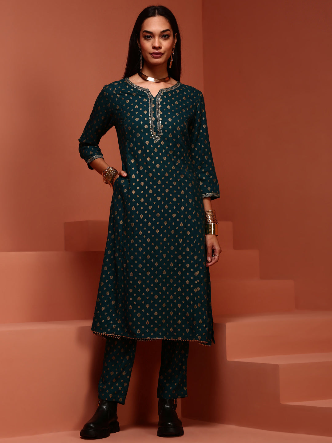 Teal Printed Rayon Kurta Set