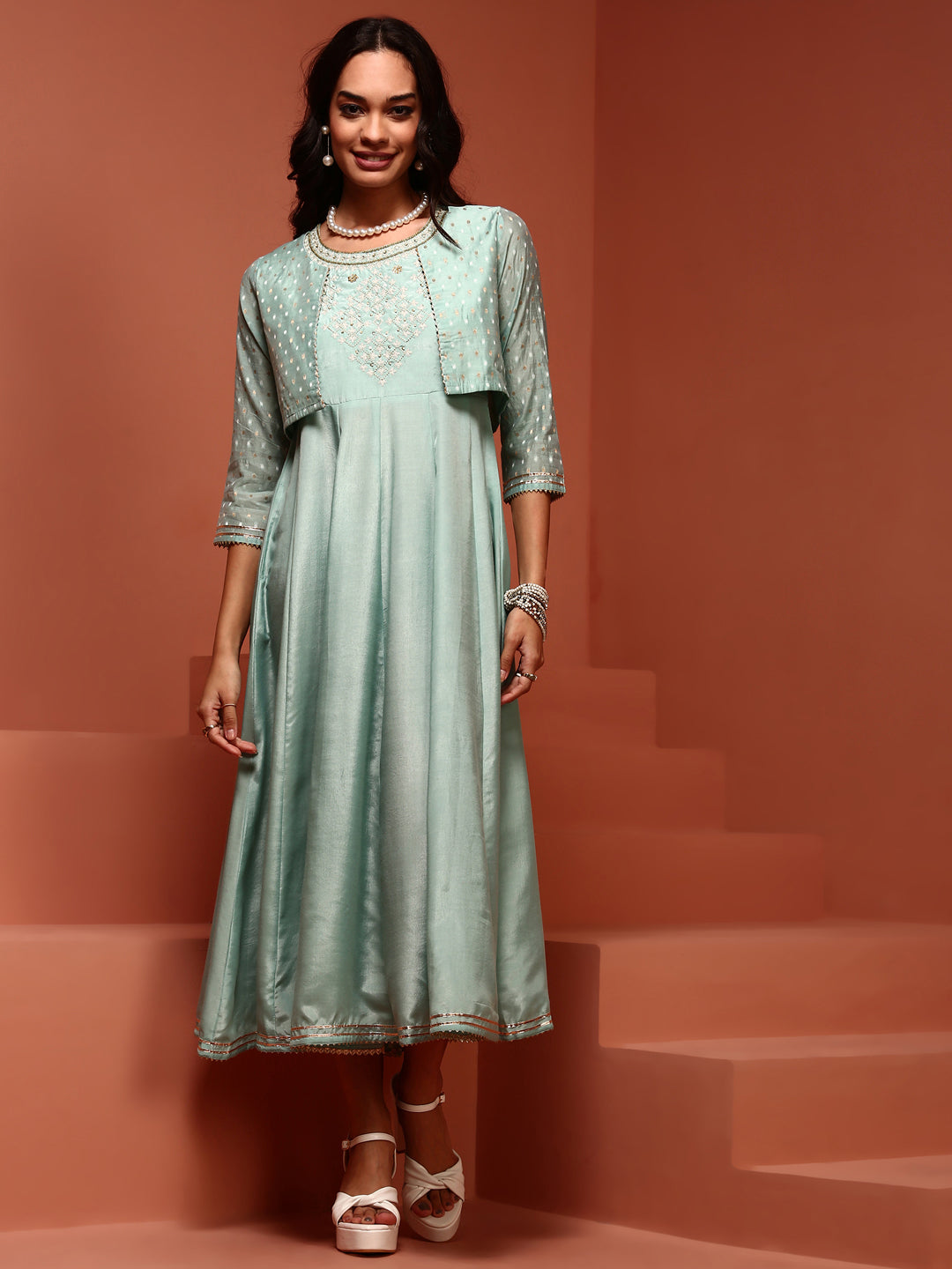 Mint Kalidar Dress With Jacket