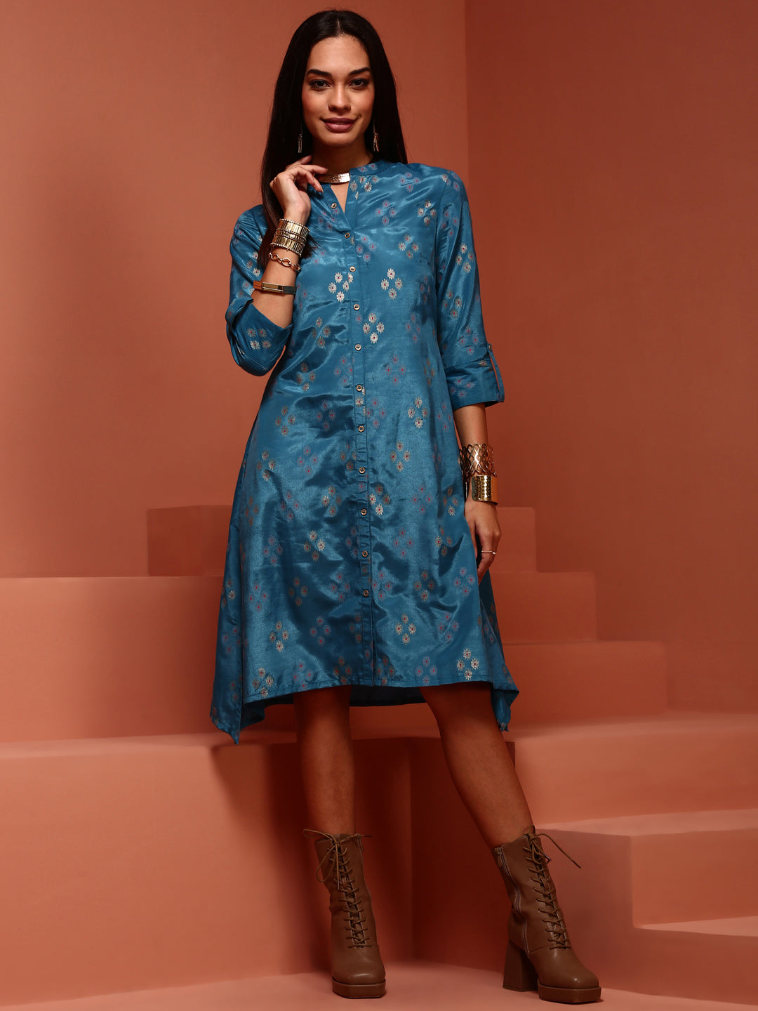 Blue Asymmetric Printed Kurta