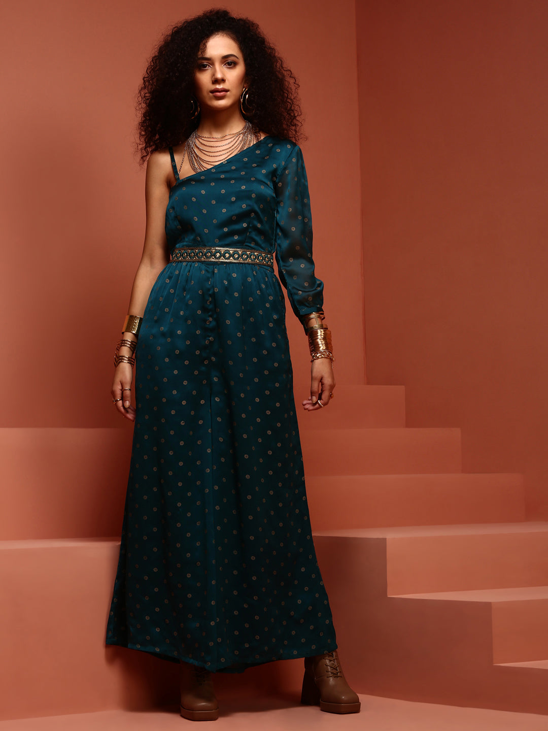 Teal Printed Chiffon One Shoulder Jumpsuit