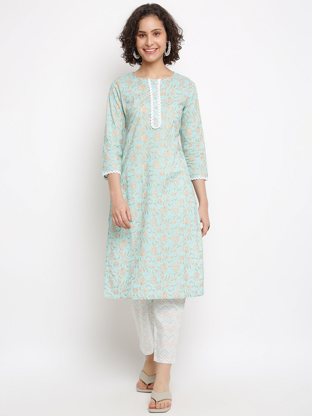 Block Floral Blue Kurta Set