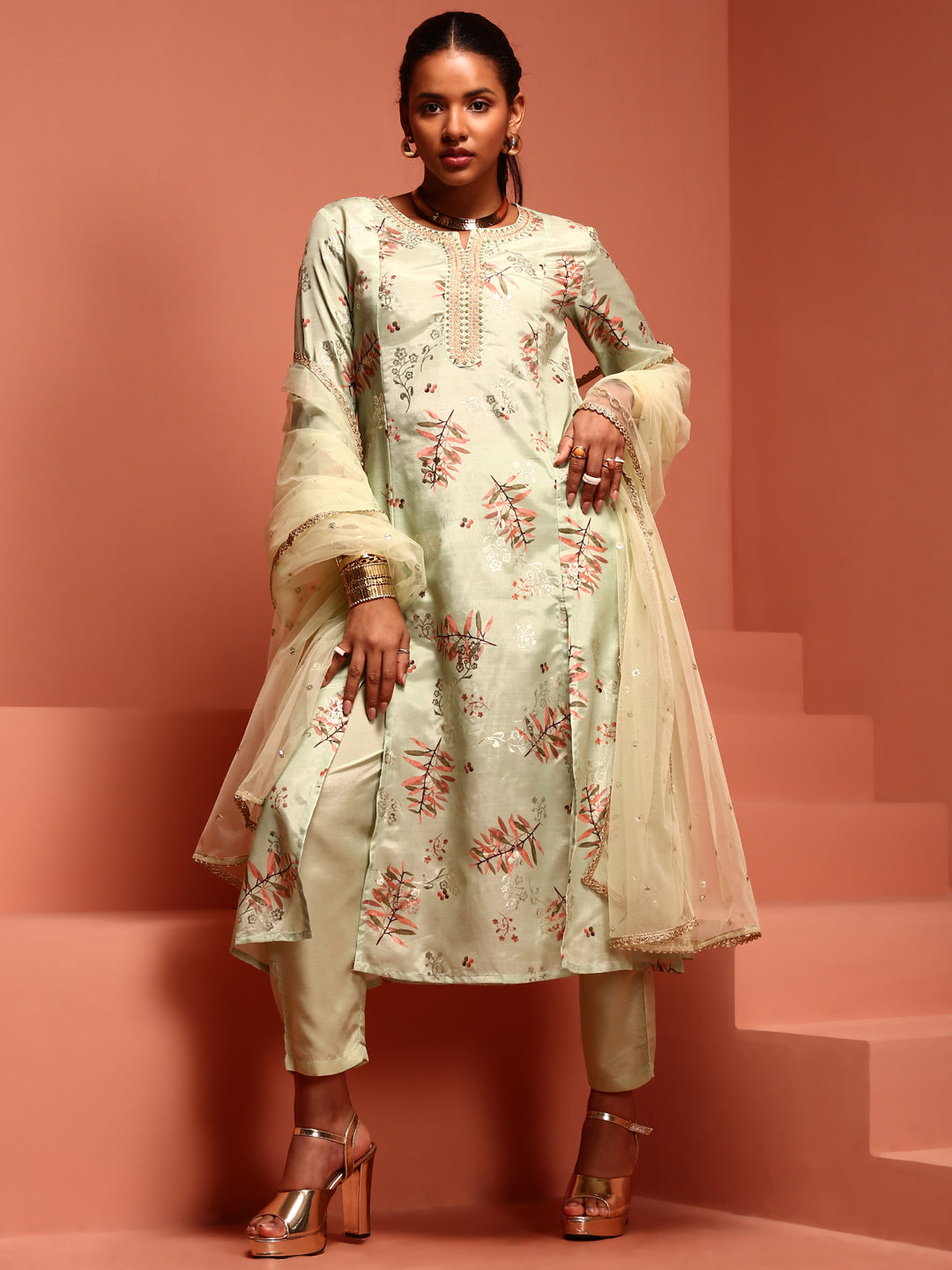 Mint A-line Printed Kurta Suit Set