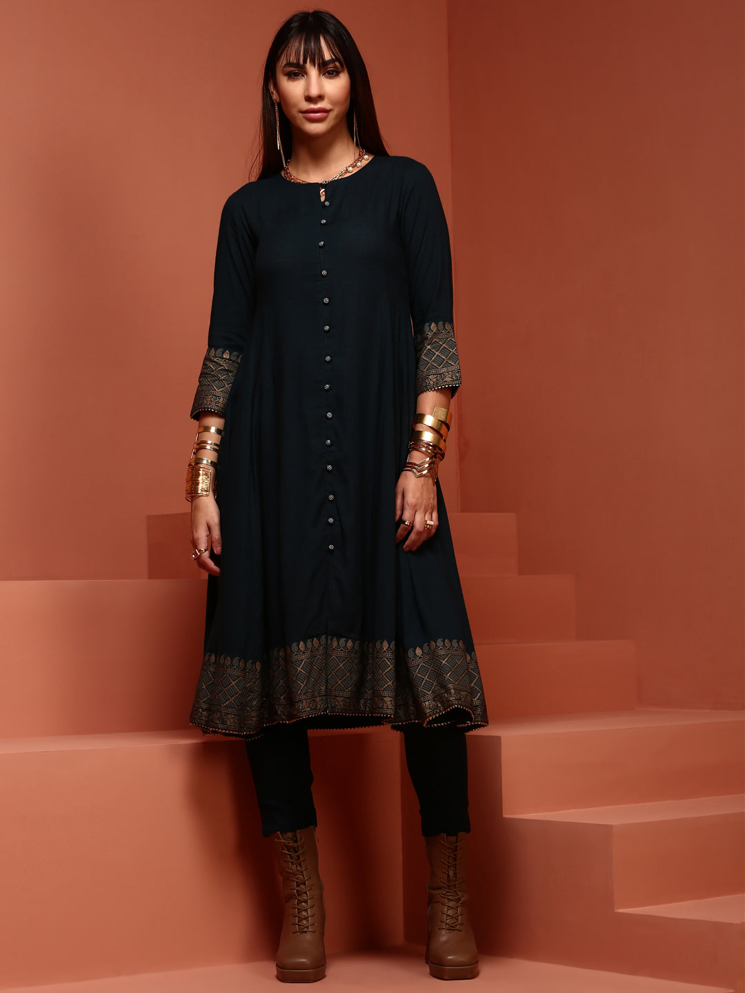 Teal Solid A-line Kurta