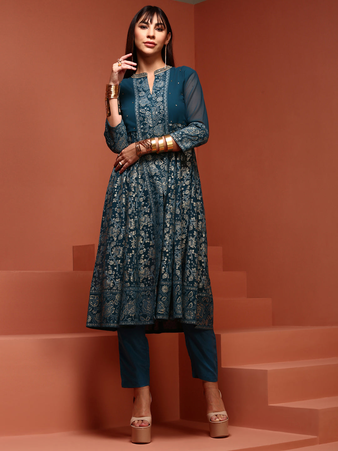 Teal Brocade Gathered Kurta Set