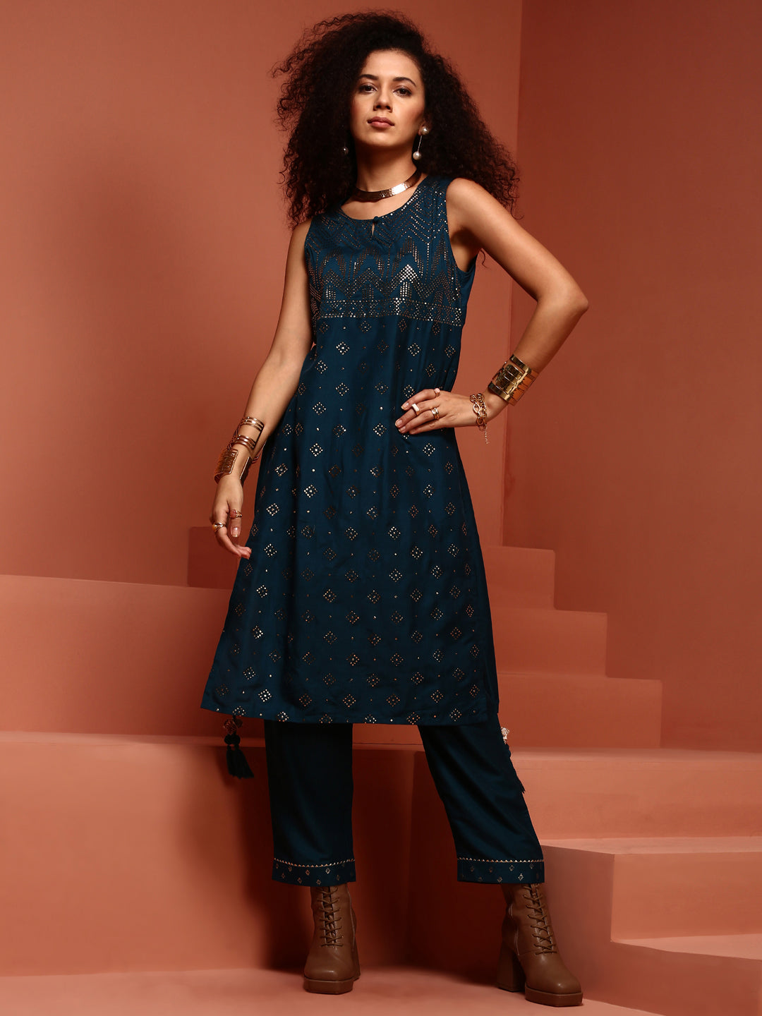 Embellished Ink Blue Straight Kurta Set