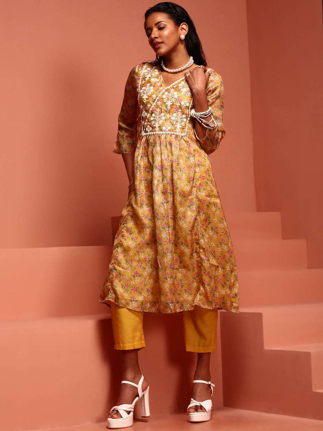 Yellow Kota Embroidered Kurta Set