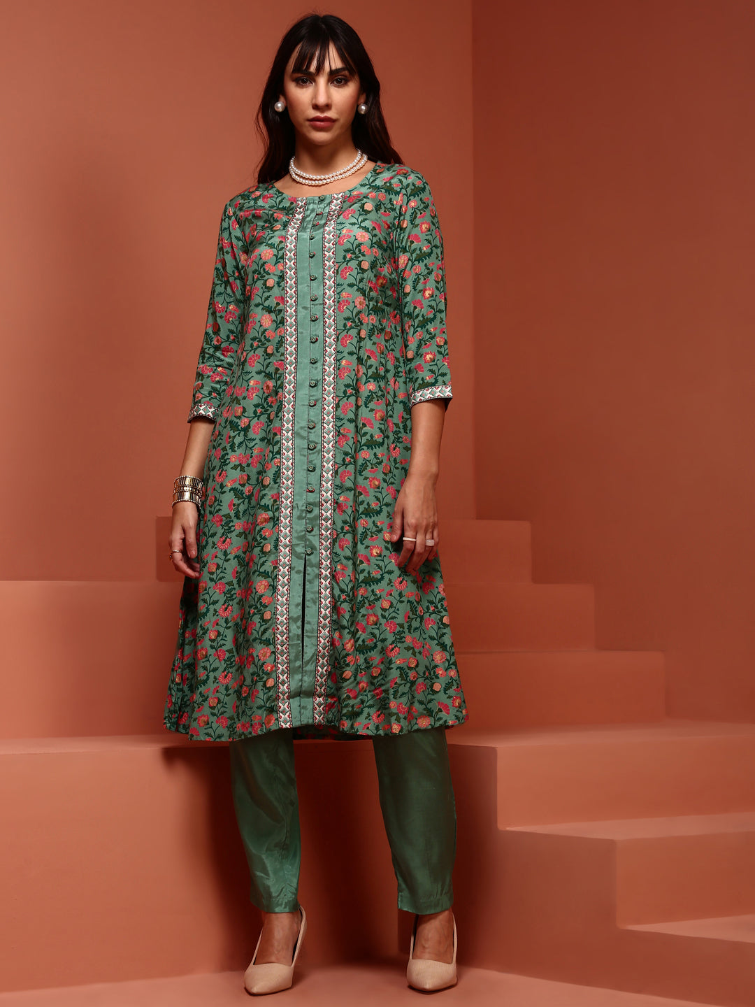 Mint Printed A-line Kurta Set