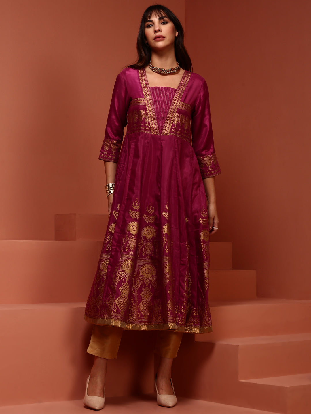 Pink Kalidar Printed Shantoon Kurta