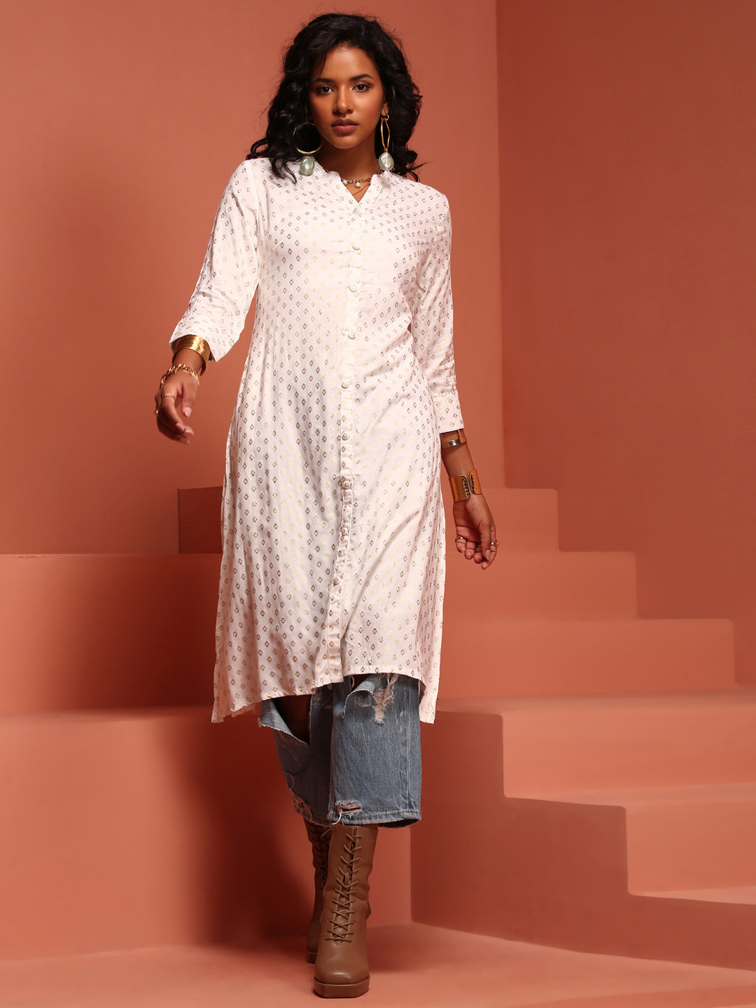 White Printed Asymmetric Kurta