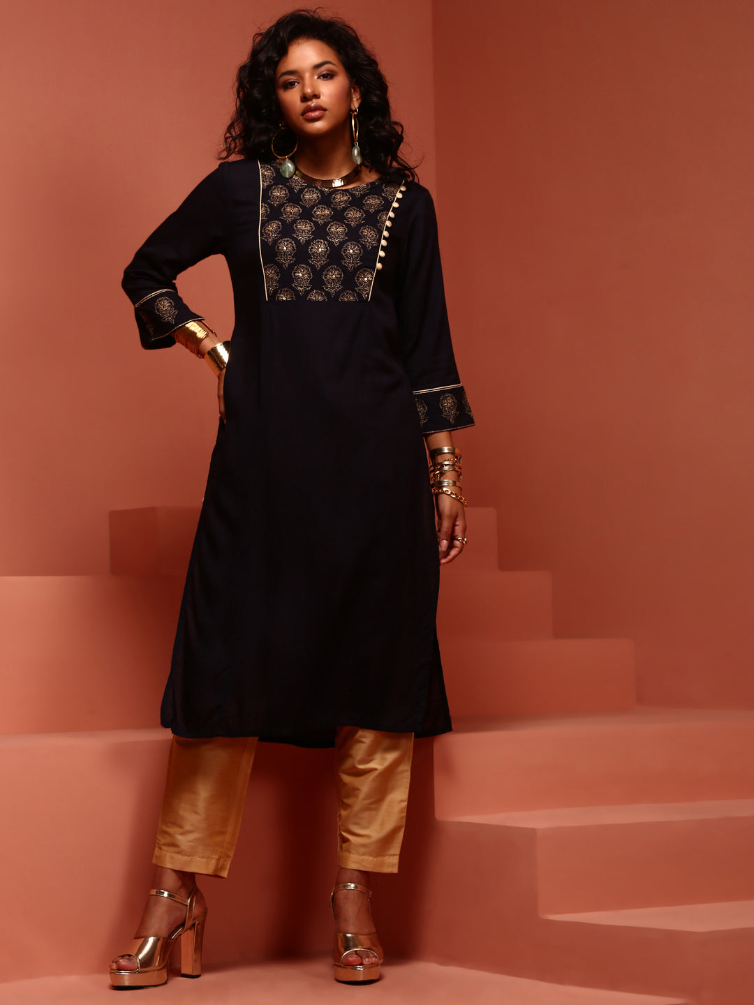 Navy Straight Embroidered Kurta