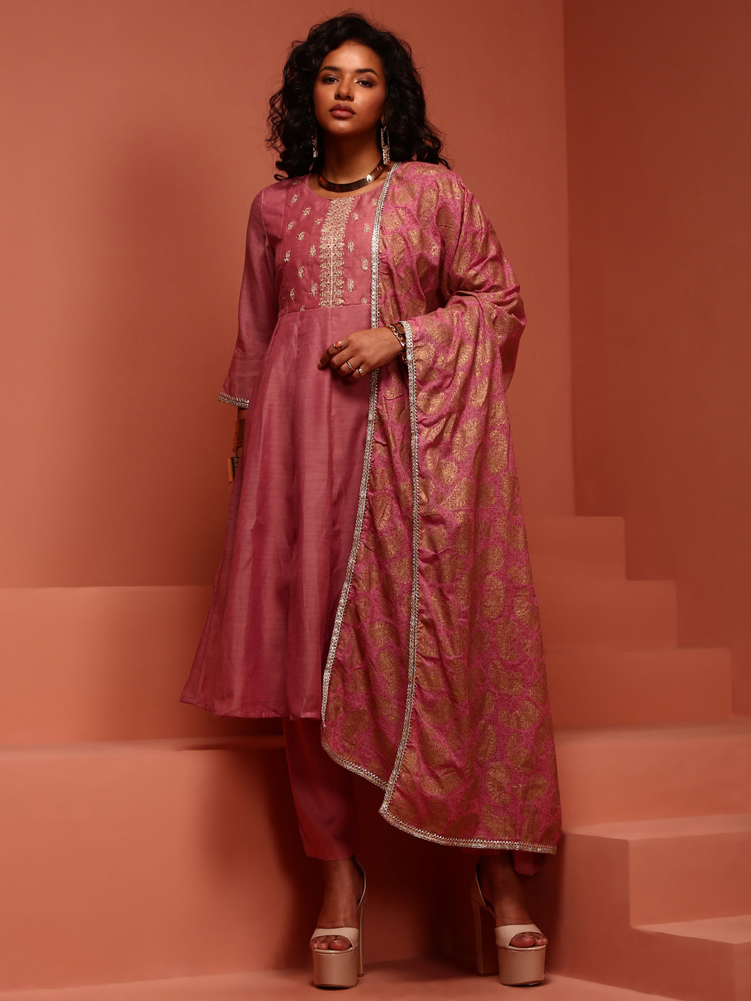 Old Rose Chanderi Embroidered Kurta Set