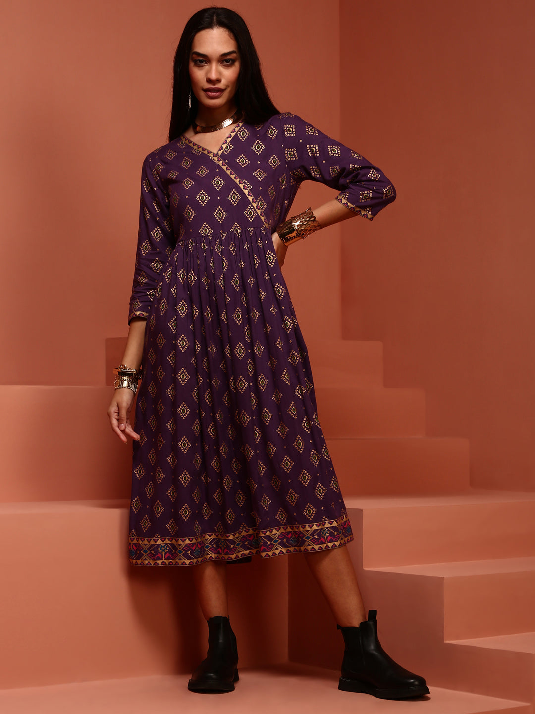Violet Printed Gathered Kurta