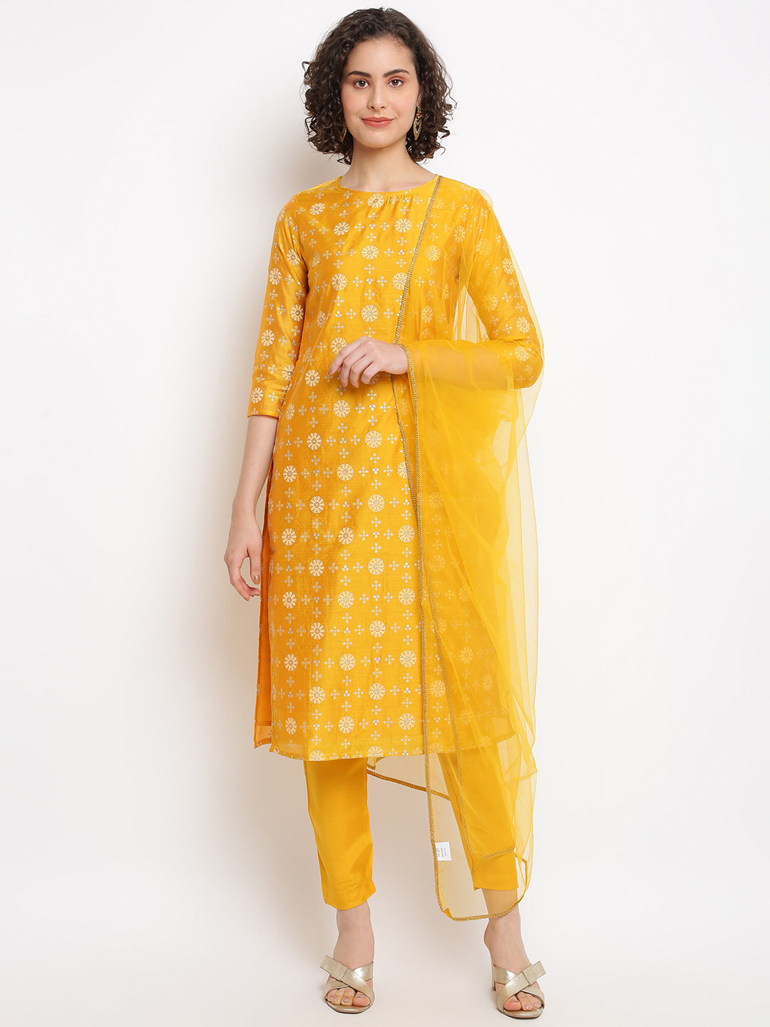 Mustard Yellow Printed Kurta Set