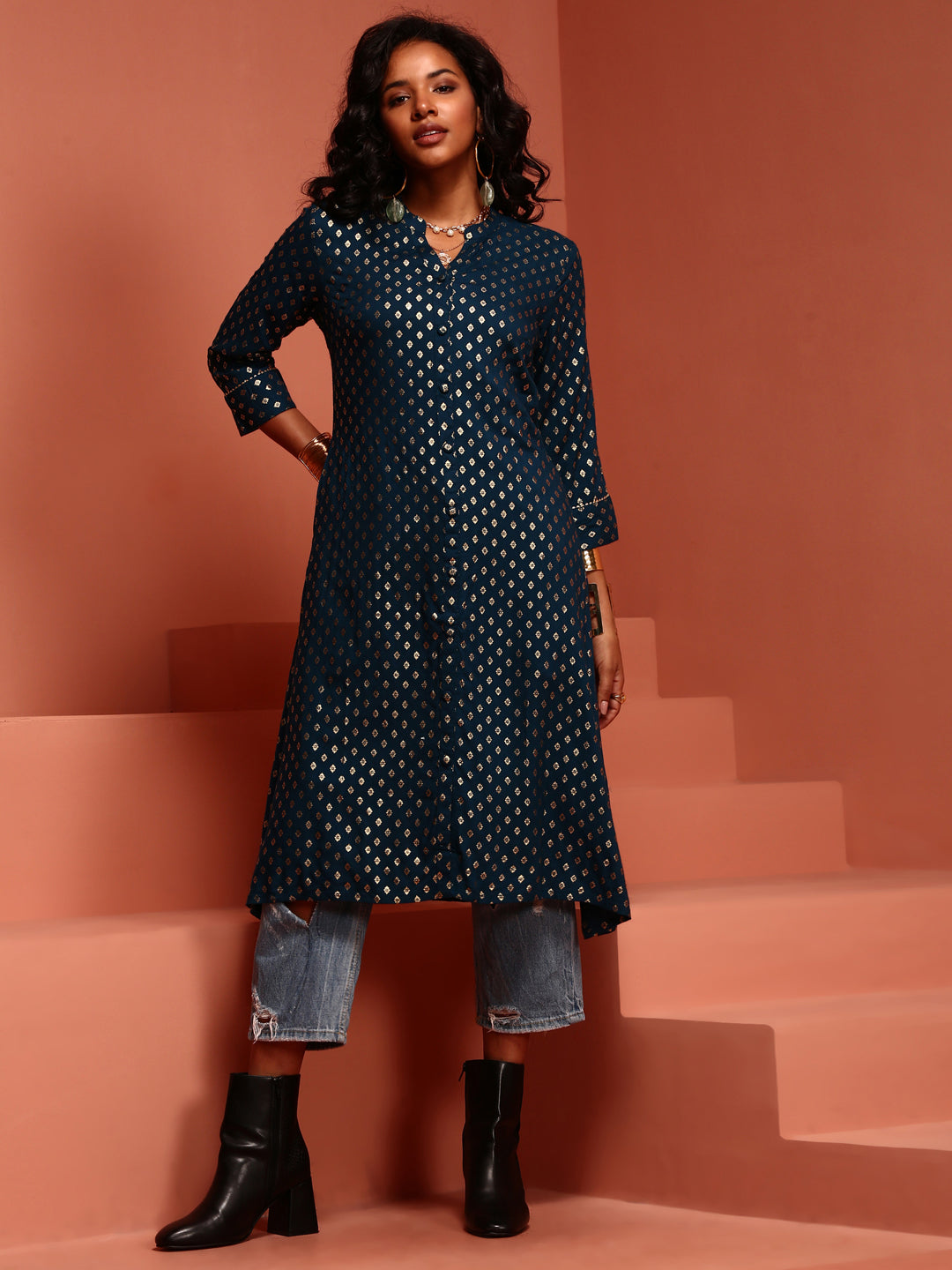 Ink Blue Printed Asymmetric Kurta