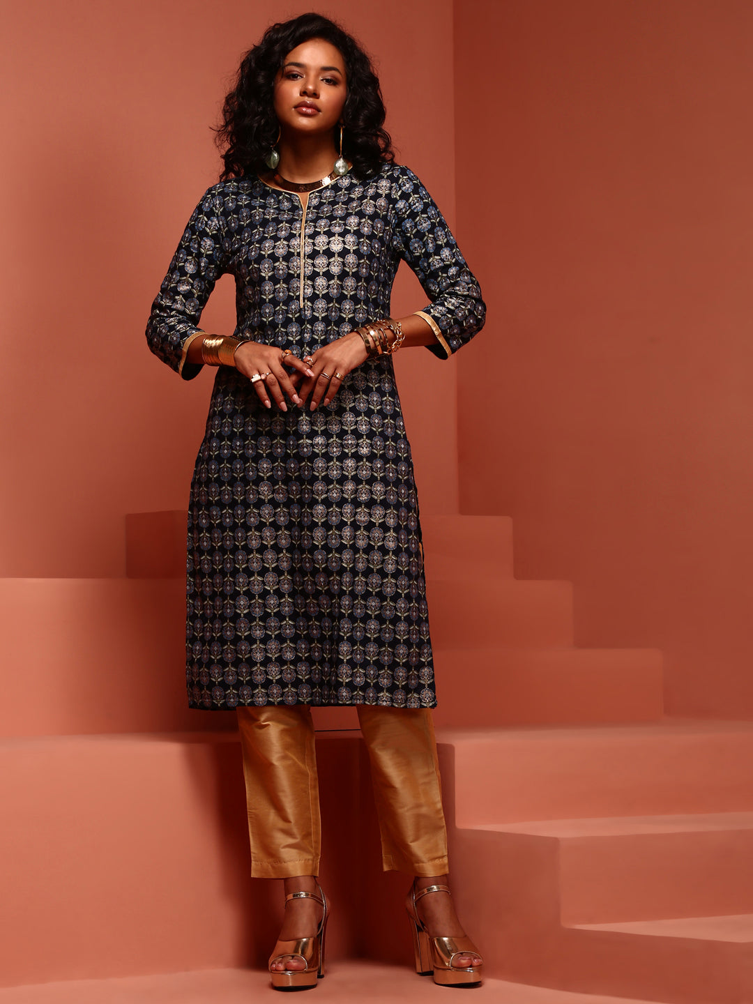 Navy Straight Printed Kurta