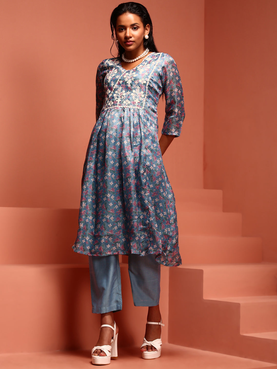 Blue Kota Embroidered Kurta Set