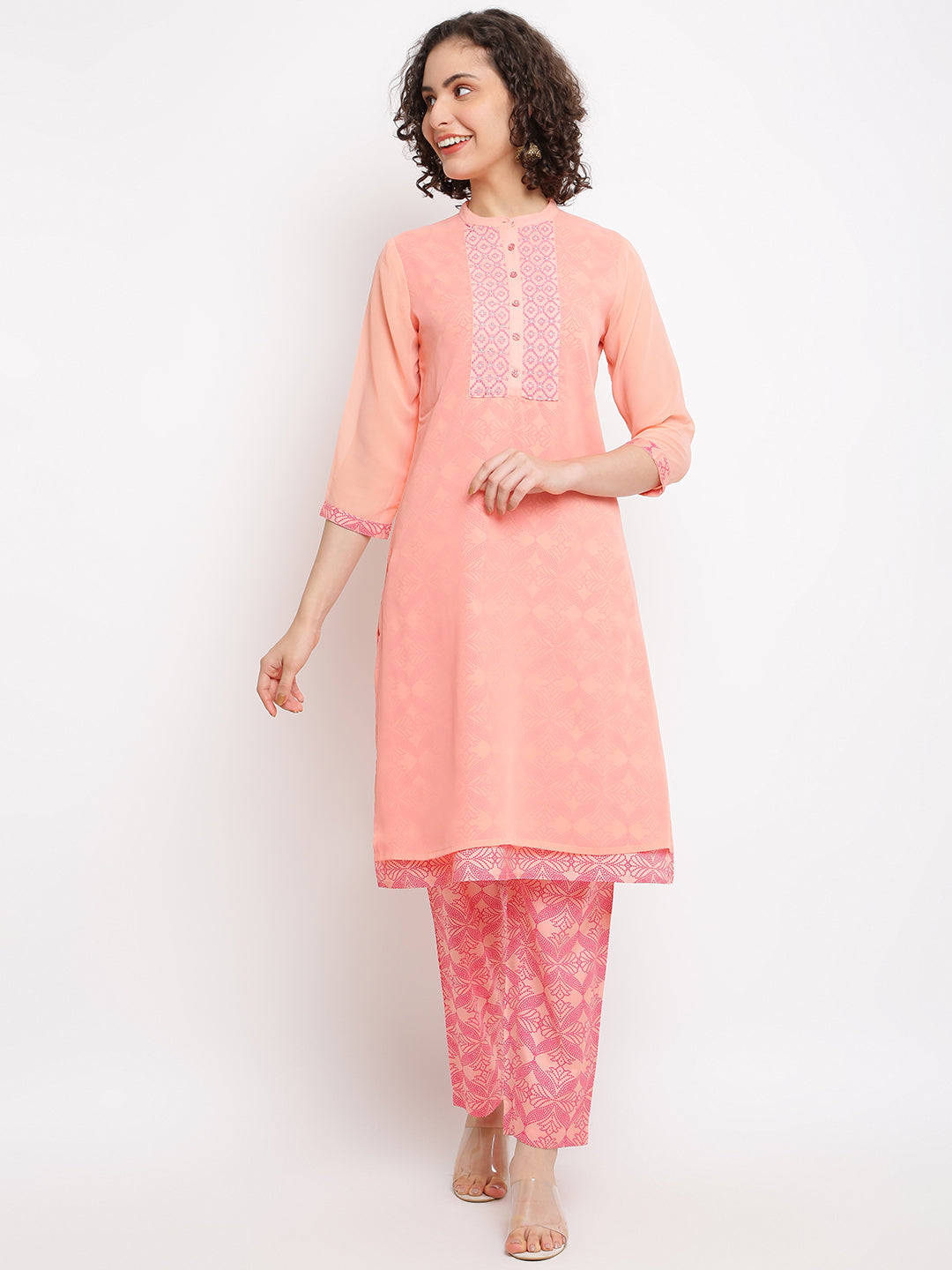 Pink A-line  Mandarin Kurta set
